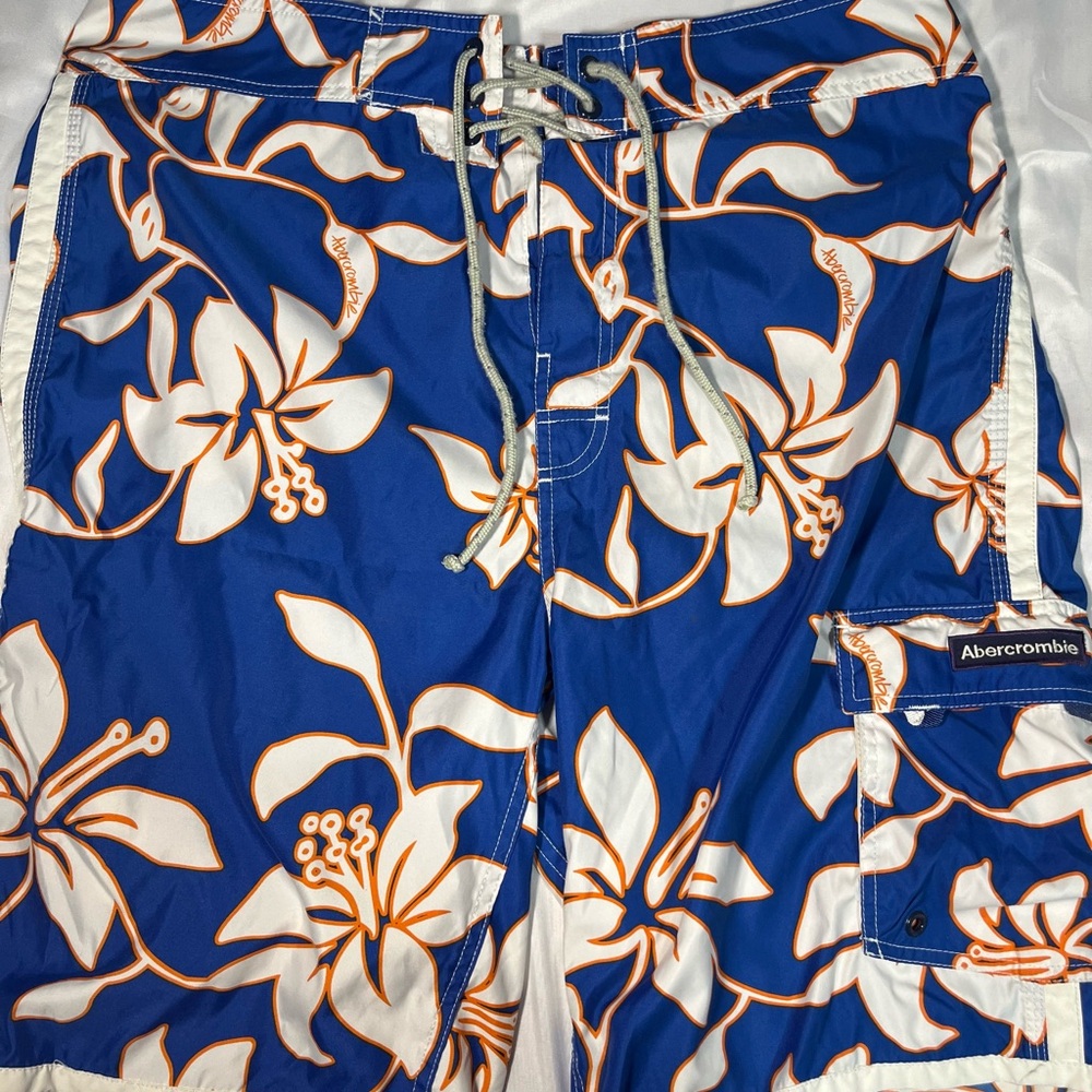Vtg Abercrombie Fitch Swim Trunks Mens 36 Blue Floral Board Shorts Y2K Surf
